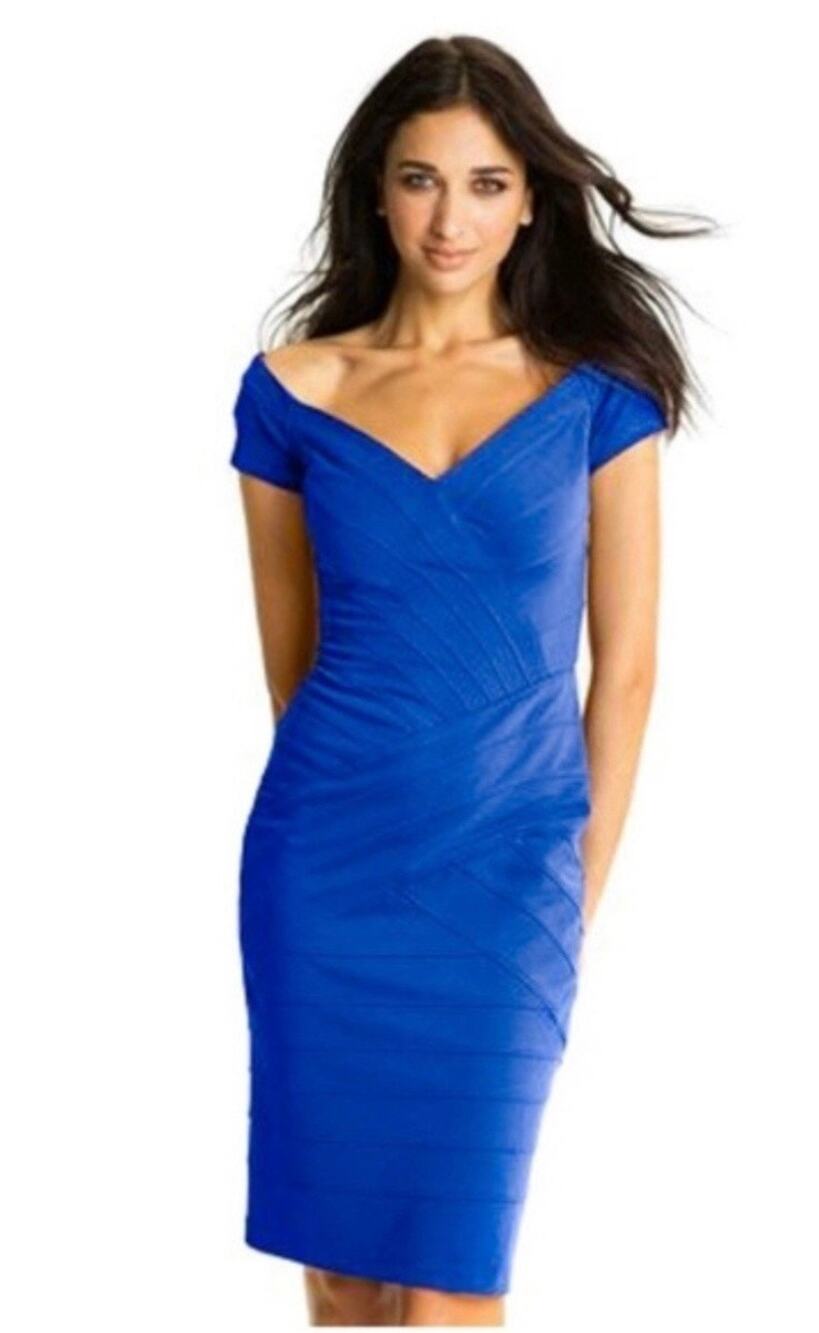 TADASHI Women's Blue Bandage Bodycon Midi Off the Shoulder Dress - size L - OC